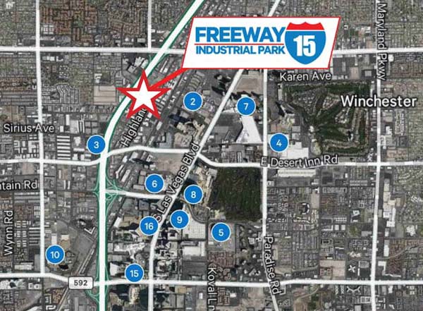 aerial map of Freeway 15 Industrial Park just two blocks from the Las Vegas Strip with high visibility and traffic