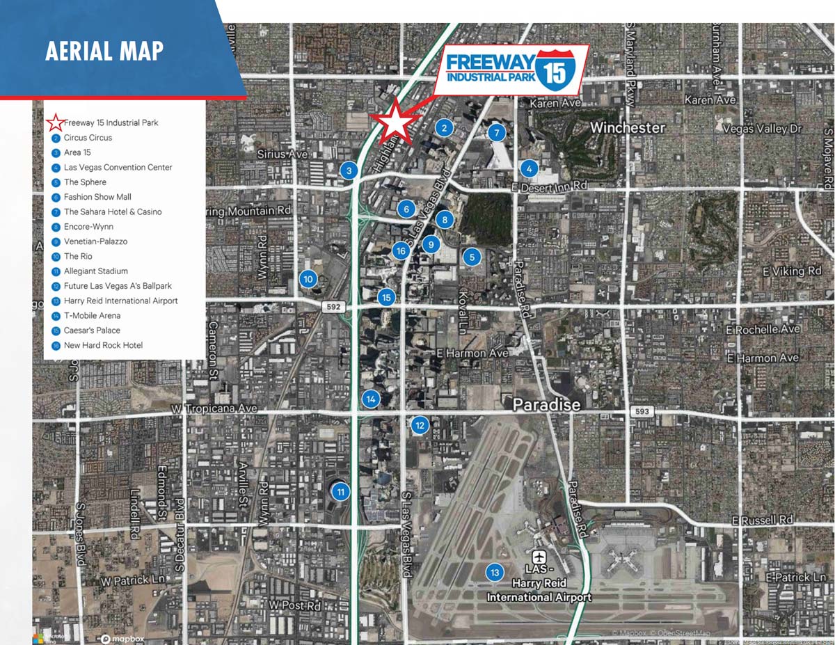 aerial map of Freeway 15 Industrial Park just two blocks from the Las Vegas Strip with high visibility and traffic