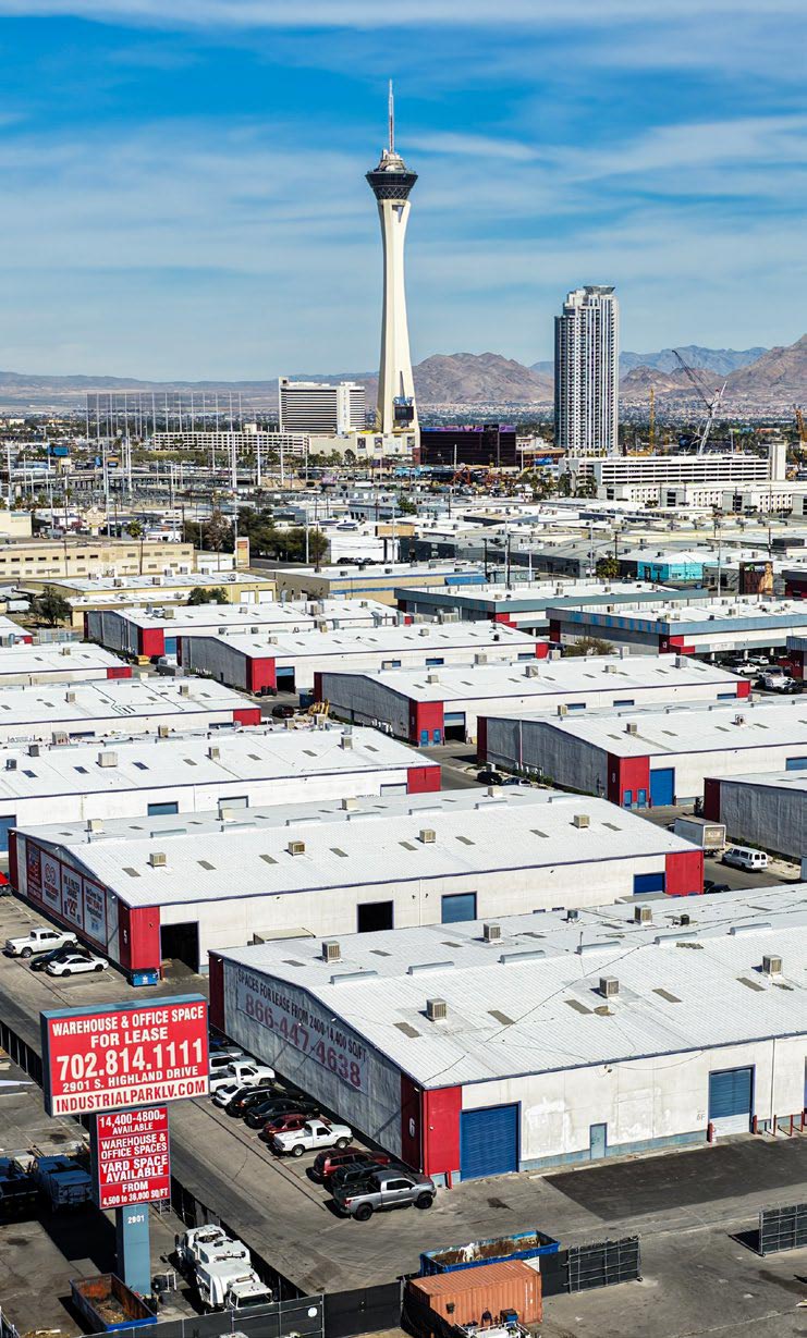 aerial view of Freeway 15 Industrial Park warehouse units and secure gated yard spaces for lease near Las Vegas downtown strip