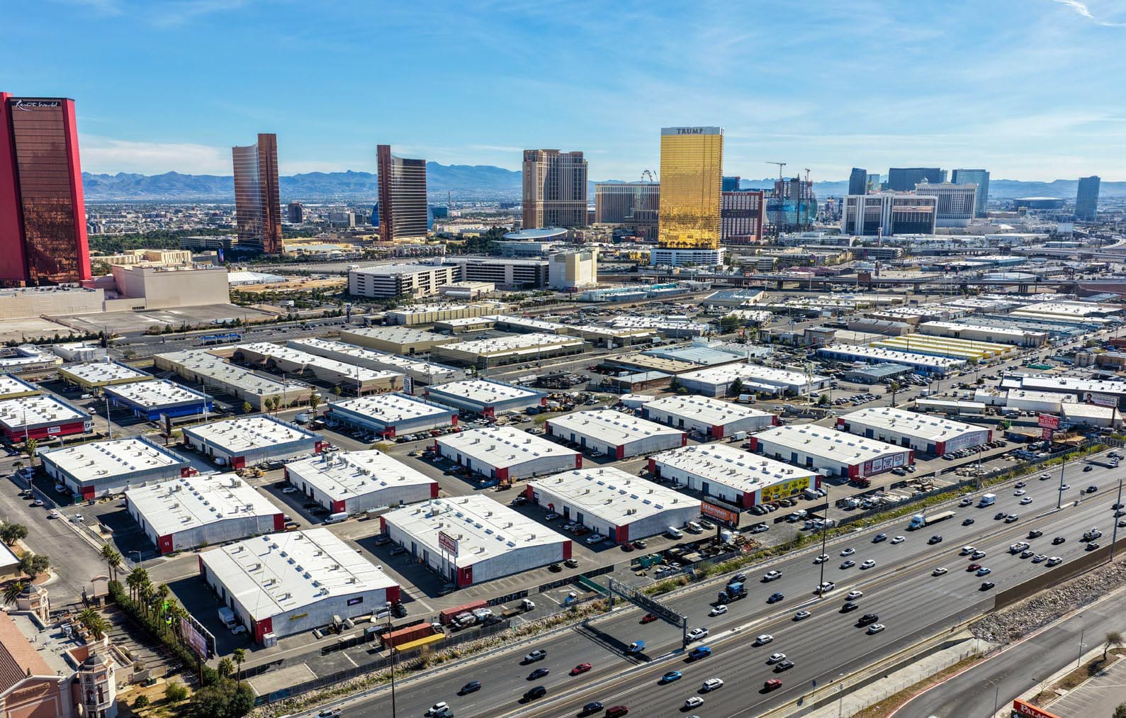 aerial view of Freeway 15 Industrial Park warehouse units and secure gated yard spaces for lease near Las Vegas downtown strip